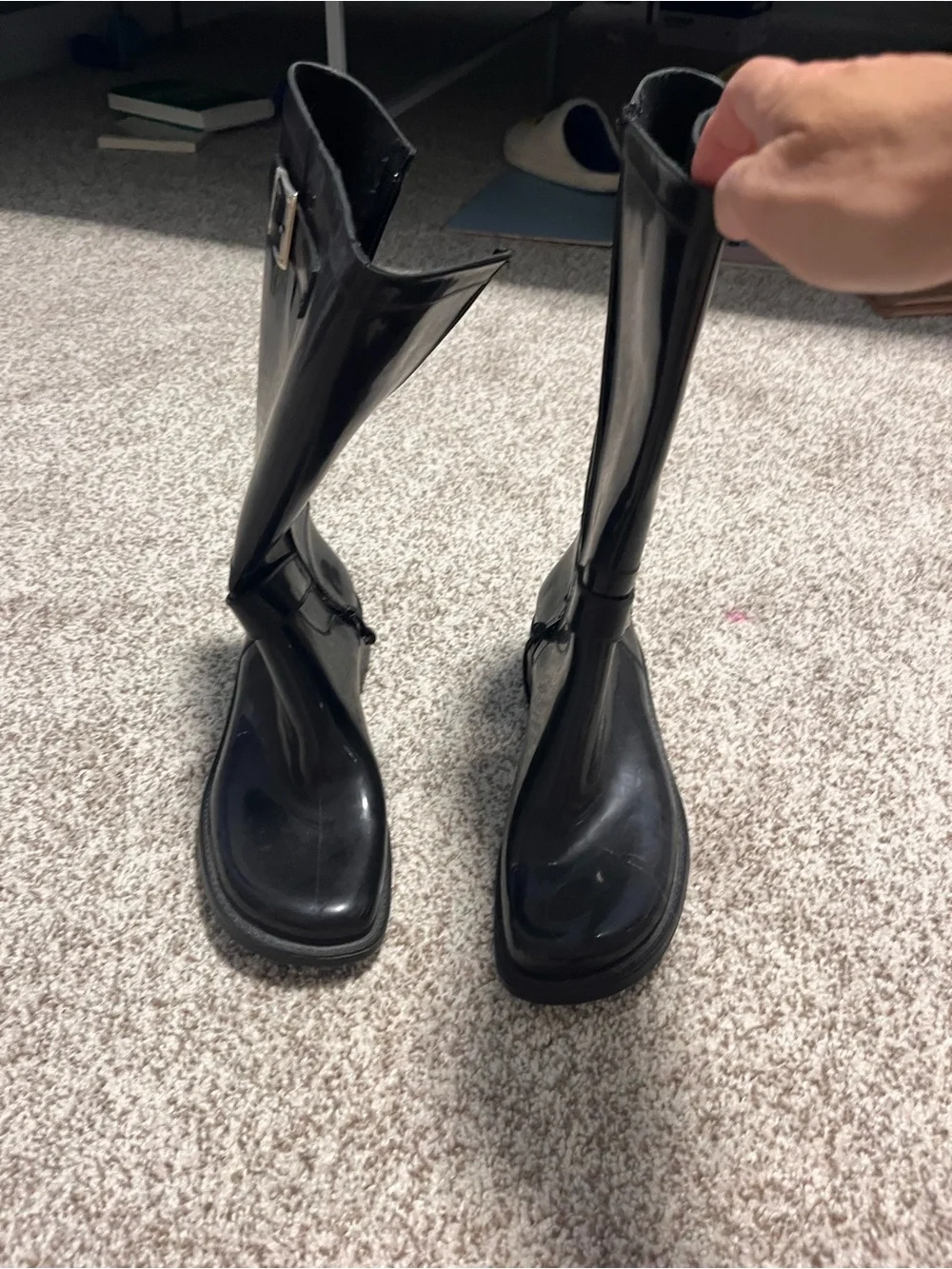 Donald J Pliner Black Rubber Knee High Buckle Rain Boots Italy Size 9